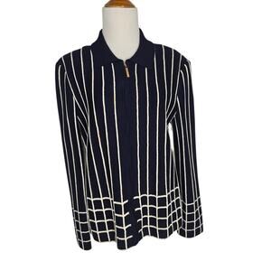 St. John Yellow Label Zip Up Cardigan Navy Windowpane Knit Women Medium